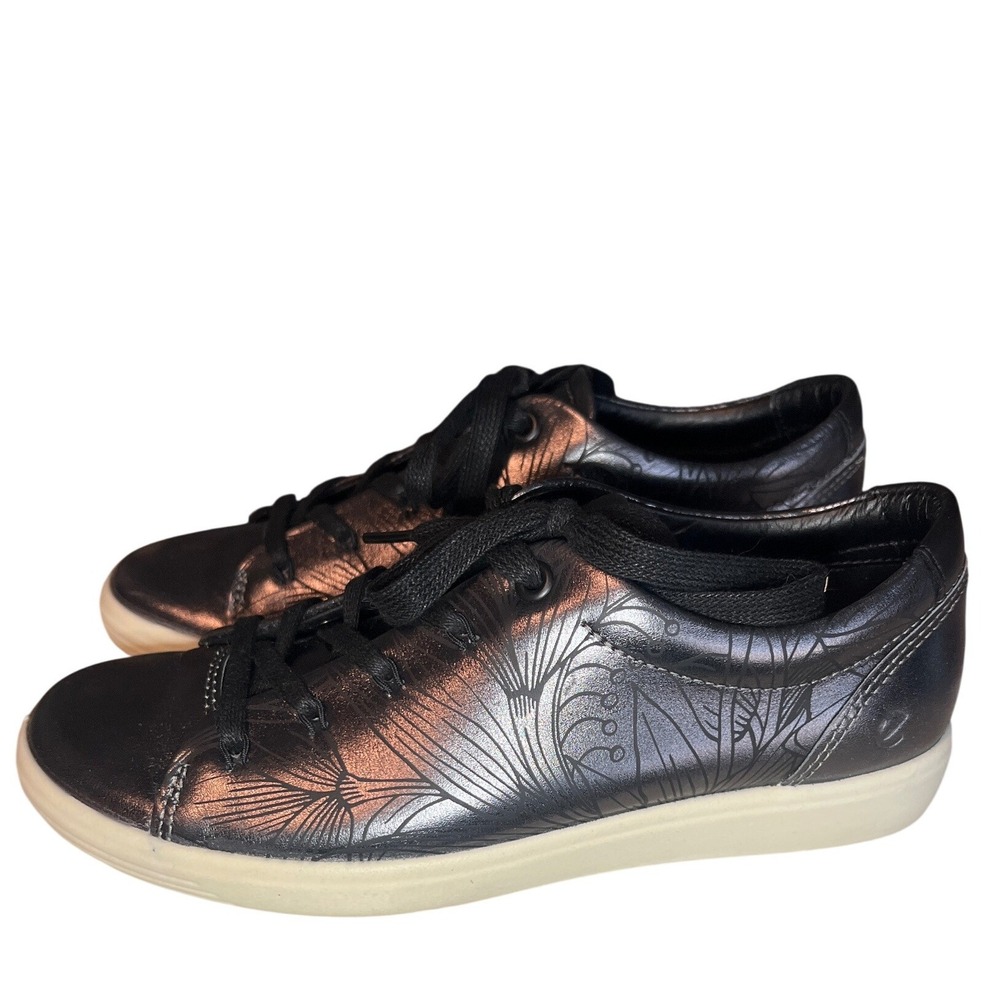 ECCO Soft 7 W Heavy Silver Floral Etched Leather Sneakers‎ 470803 EU 36 US 5-5.5